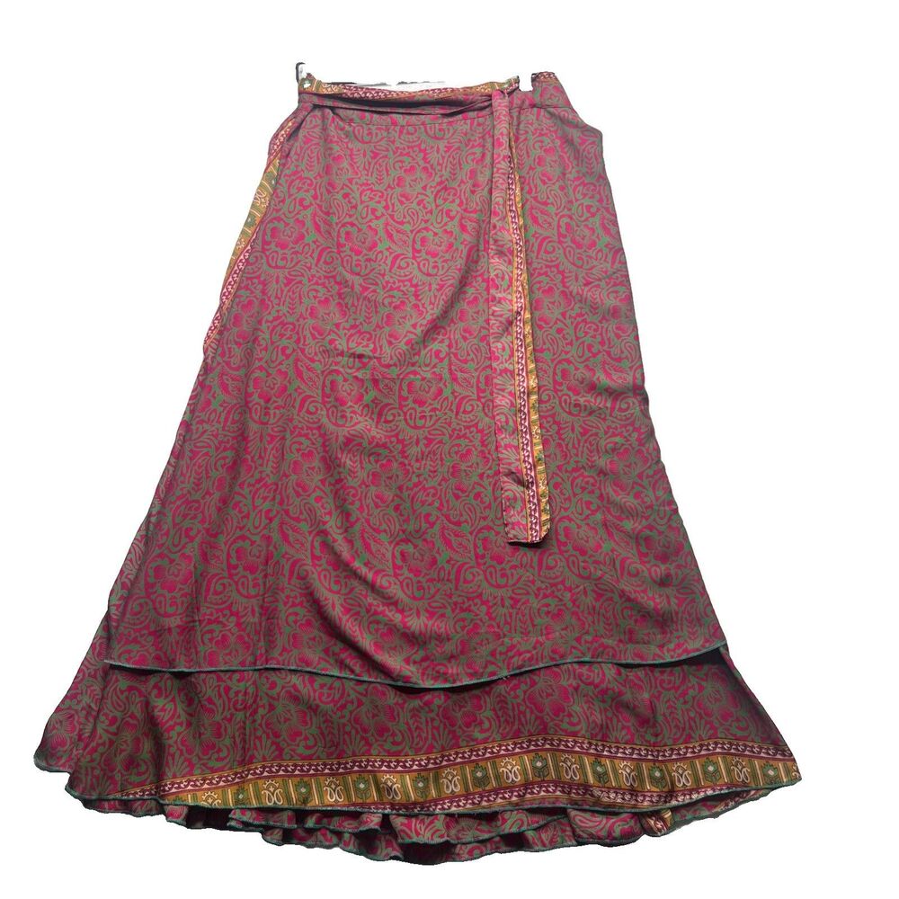 Kariza Silk Reversible Sari Wrap Around Skirt Layer Boho Fairy Pink Size L Large